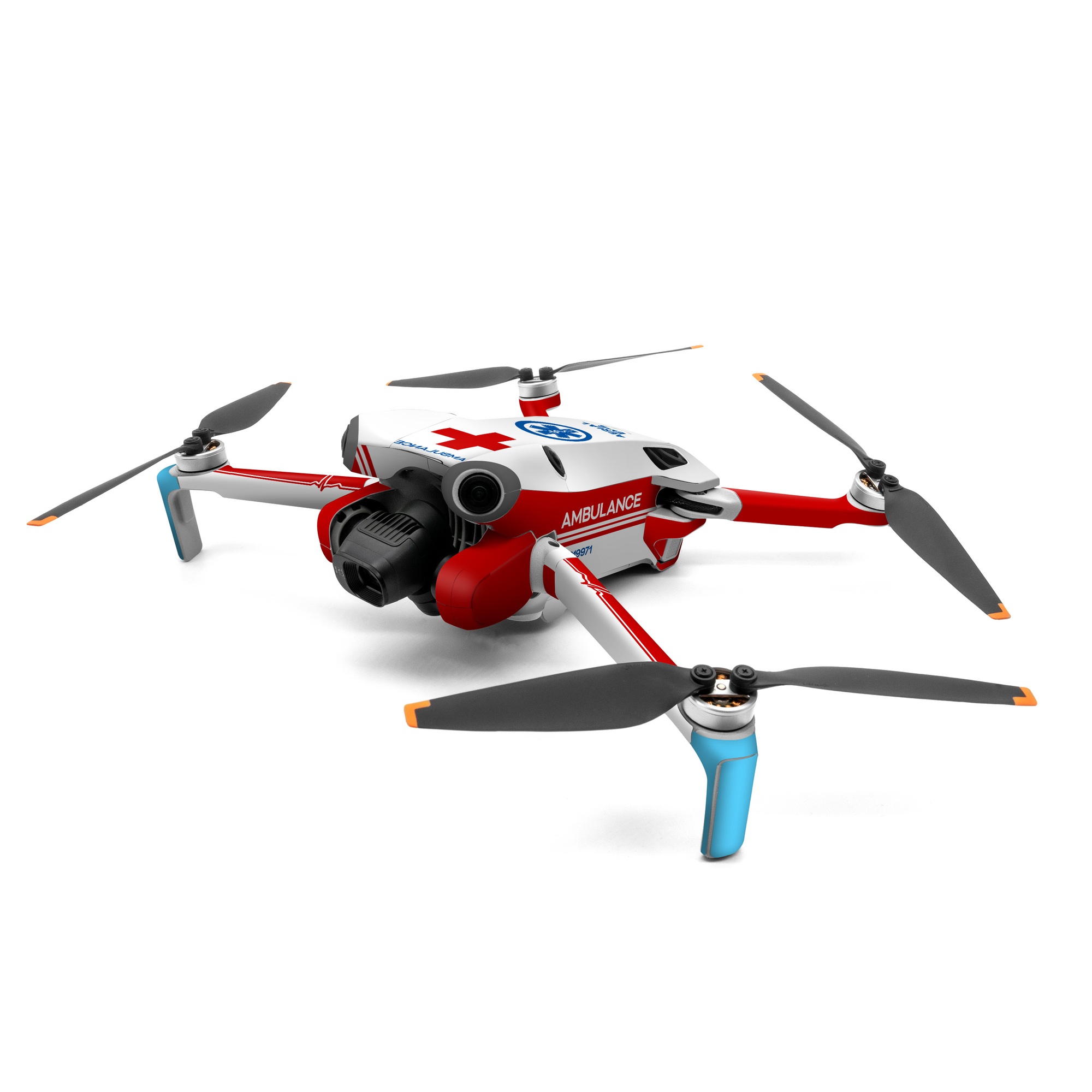 DJI Mini 4 Pro Skin design of Red, White, Cross, Font, Symbol, American Red Cross, Graphics, Emblem, with white, red, blue colors