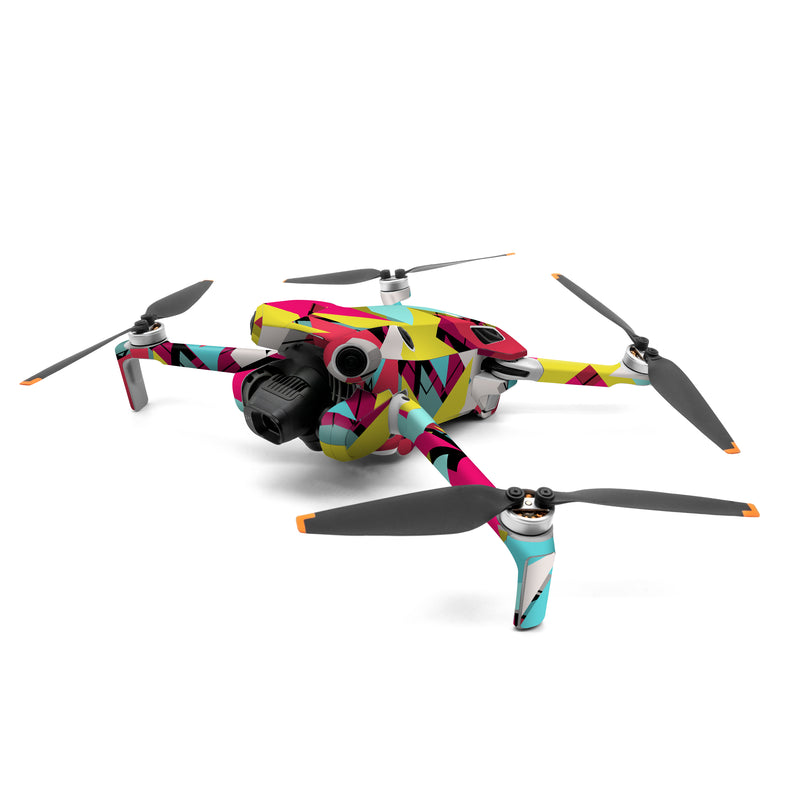 DJI Mini 4 Pro Skin design of Pattern, Graphic design, Line, Design, Triangle, Font, Illustration, Magenta, Visual arts, with yellow, blue, white, black, red, pink colors