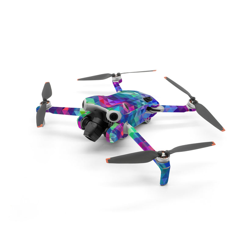 DJI Mini 4 Pro Skin design of Purple, Violet, Pattern, Blue, Magenta, Triangle, Line, Design, Graphic design, Symmetry, with blue, purple, green, red, pink colors