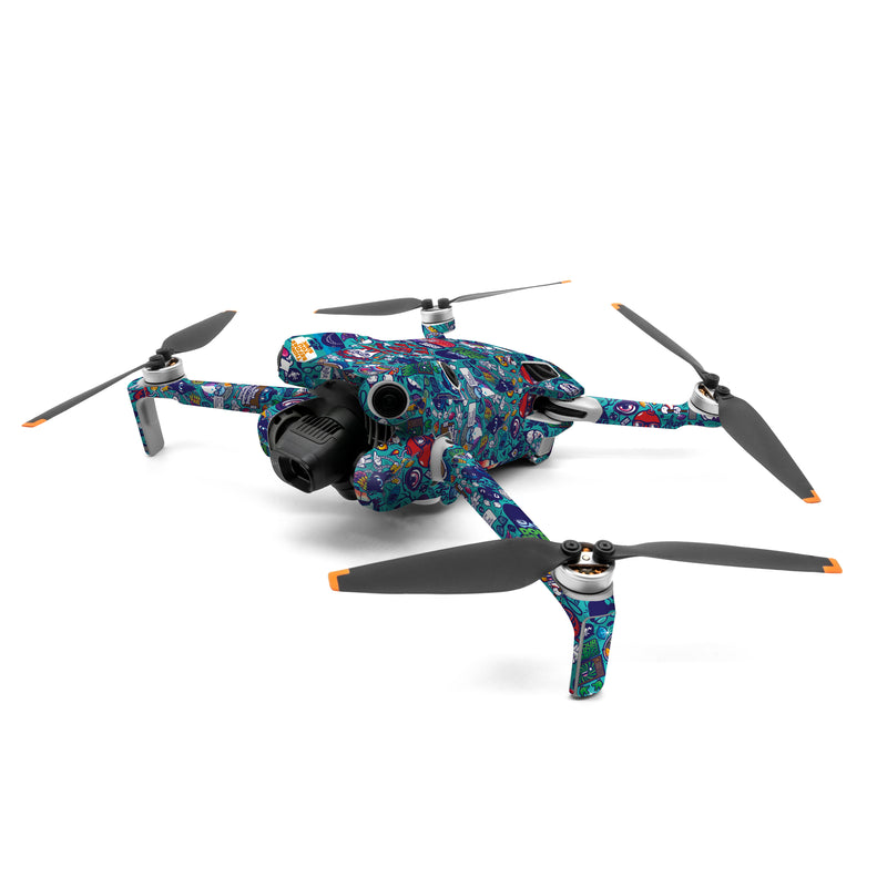 DJI Mini 4 Pro Skin design of Art, Visual arts, Illustration, Graphic design, Psychedelic art, with blue, black, gray, red, green colors