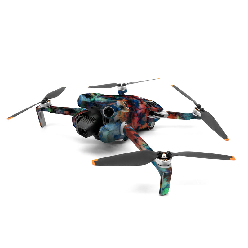 DJI Mini 4 Pro Skin design of Blue, Colorfulness, Pattern, Psychedelic art, Art, Sky, Design, Textile, Dye, Modern art, with black, blue, red, gray, green colors
