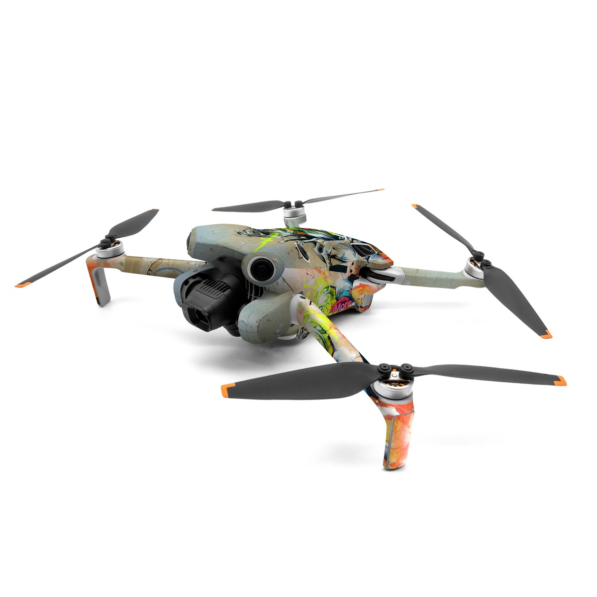 DJI Mini 4 Pro Skin design of Graphic design, Art, Illustration, Fictional character, Visual arts, Graphics, Painting, Watercolor paint, Modern art, Games, with gray, black, green, red, orange, pink colors
