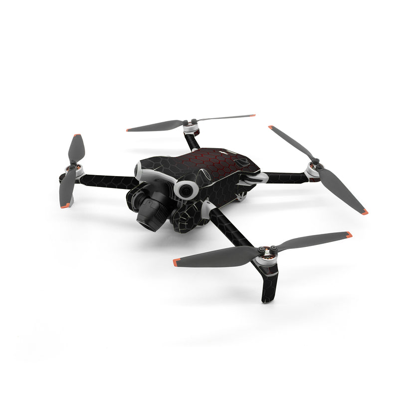 DJI Mini 4 Pro Skin design of Black, Pattern, Metal, Design, Mesh, Carbon, Space, Wallpaper, with black, red colors