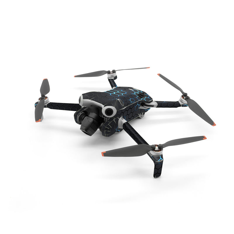 DJI Mini 4 Pro Skin design of Pattern, Water, Design, Circle, Metal, Mesh, Sphere, Symmetry, with black, gray, blue colors