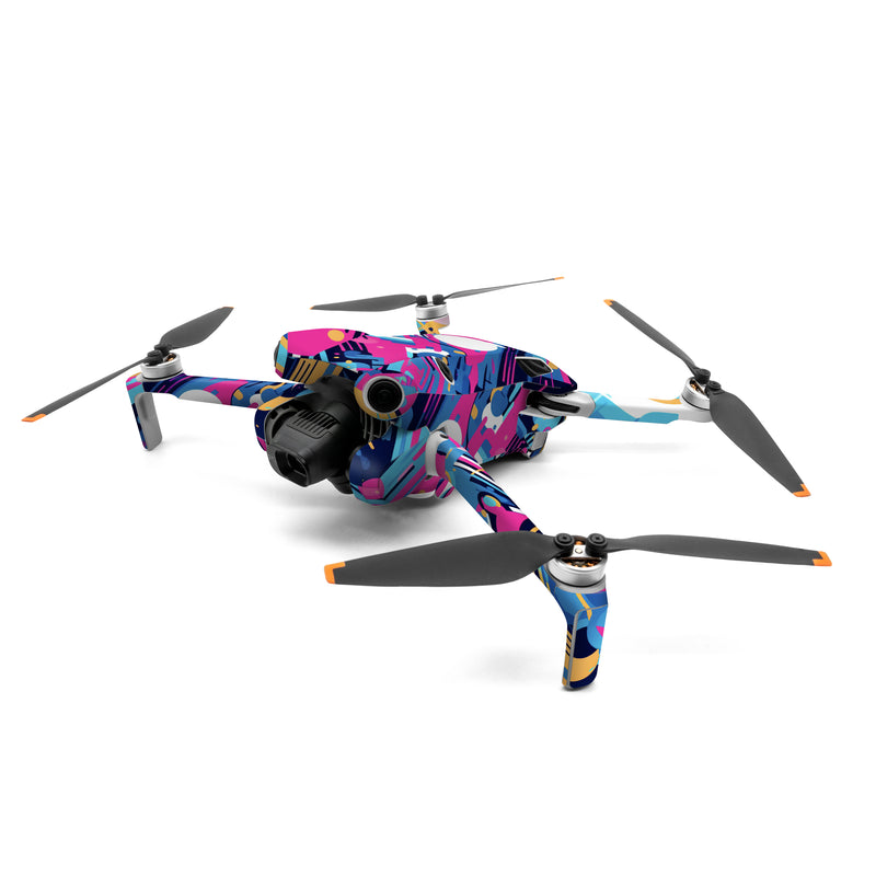 DJI Mini 4 Pro Skin design of Colorfulness, Font, Line, Material property, Art, Magenta, Pattern, Electric blue, Circle, Graphics, with blue, pink, black, white, orange colors