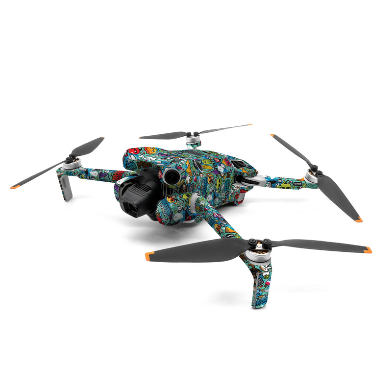 DJI Mini 4 Pro Skin design of Cartoon, Art, Pattern, Design, Illustration, Visual arts, Doodle, Psychedelic art, with black, blue, gray, red, green colors