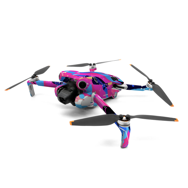 DJI Mini 4 Pro Skin design of Organism, Art, Line, Font, Magenta, Art paint, Paint, Pattern, Electric blue, Tints and shades, with pink, blue, white, black, orange colors