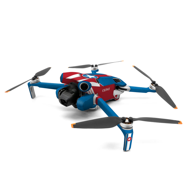 DJI Mini 4 Pro Skin design of Superhero, Shield, Fictional character, Hero, Clip art, Captain America, Avengers, with white, blue, red colors