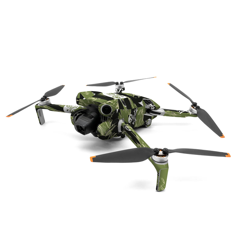 DJI Mini 4 Pro Skin design of Military camouflage, Pattern, Leaf, Illustration, Design, Tree, Camouflage, Plant, Art, Branch, with black, white, green colors