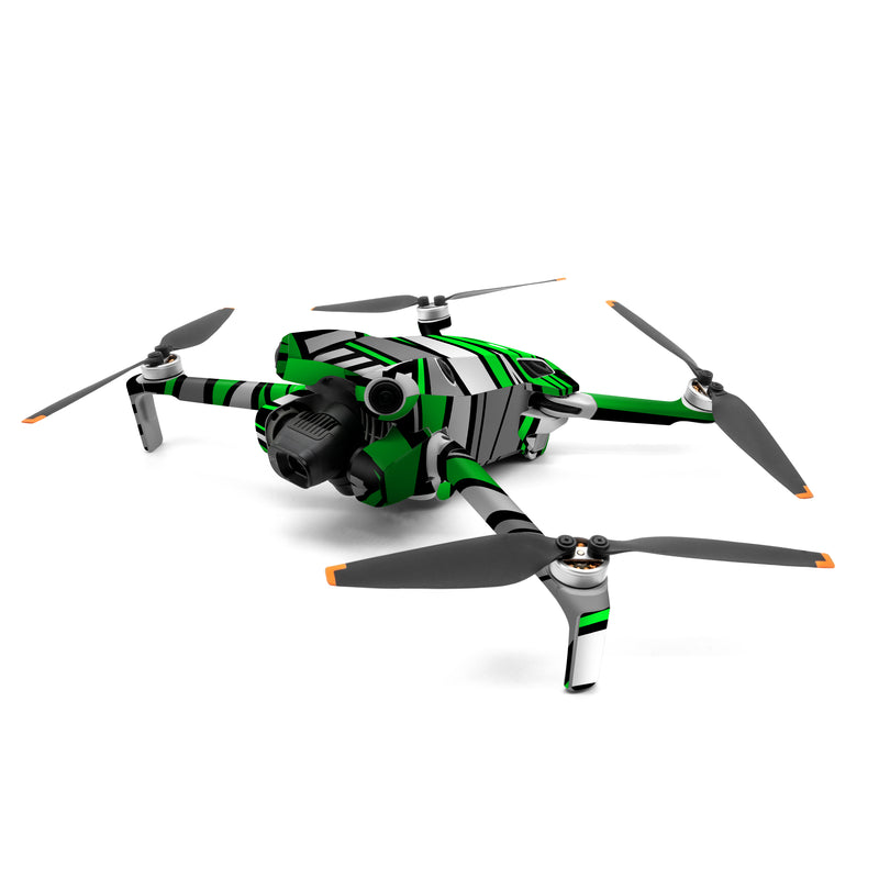 DJI Mini 4 Pro Skin design of Colorfulness, Green, Rectangle, Slope, Font, Line, Material property, Parallel, Tints and shades, Graphics, with black, green, white, gray colors