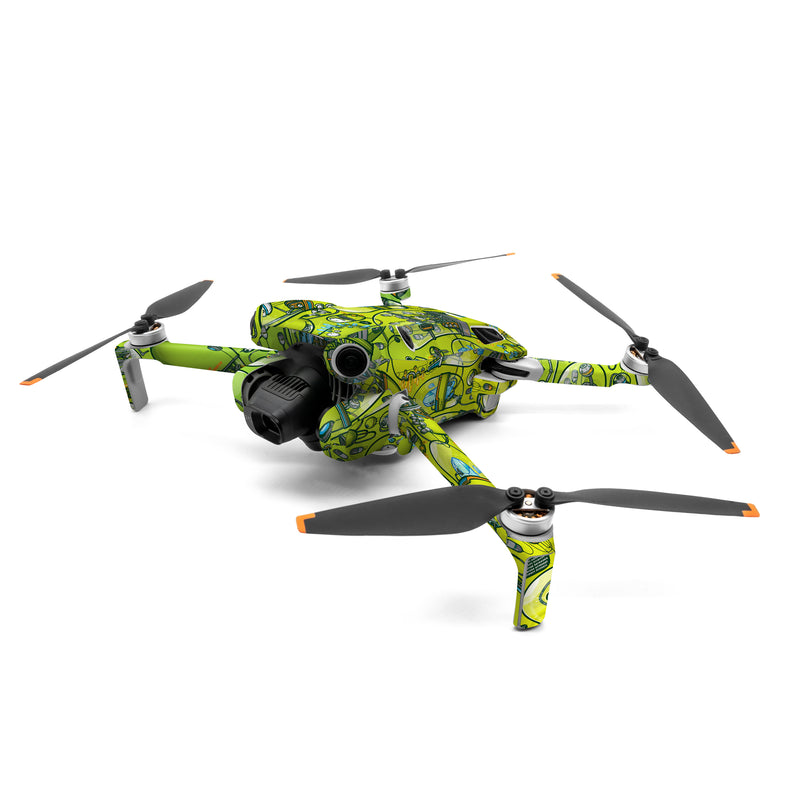 DJI Mini 4 Pro Skin design of Green, Pattern, Yellow, Design, Illustration, Plant, Art, Graphic design, Urban design, with green, blue, gray, yellow, orange colors