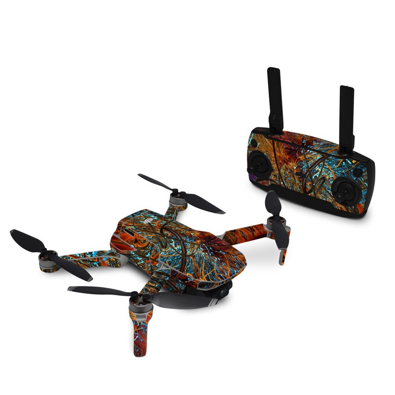 DJI Mavic Mini Skin design of Orange, Tree, Electric blue, Organism, Fractal art, Plant, Art, Graphics, Space, Psychedelic art, with orange, blue, red, yellow, purple colors