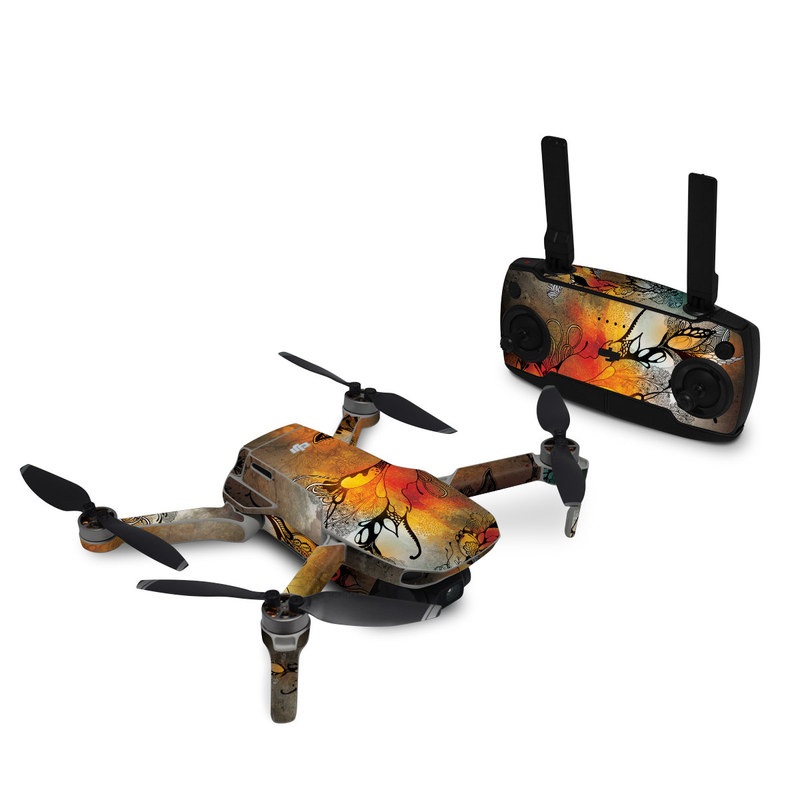 DJI Mavic Mini Skin design of Yellow, Orange, Art, Branch, Leaf, Graphic design, Visual arts, Pattern, Design, Modern art, with black, red, orange, yellow colors
