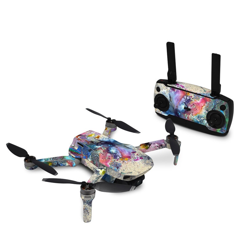 DJI Mavic Mini Skin design of Watercolor paint, Painting, Acrylic paint, Art, Modern art, Paint, Visual arts, Space, Colorfulness, Illustration, with gray, black, blue, red, pink colors