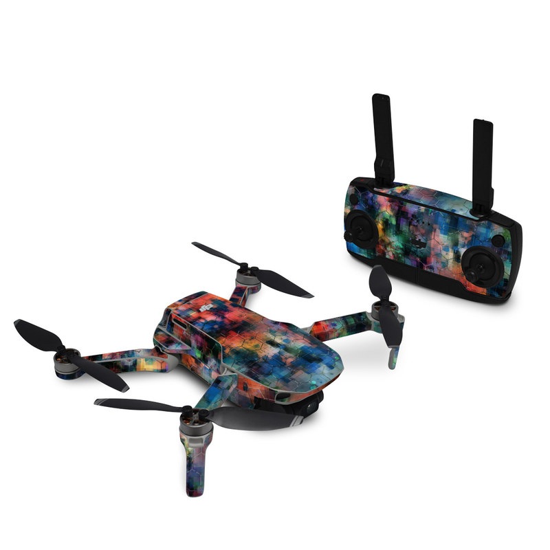 DJI Mavic Mini Skin design of Blue, Colorfulness, Pattern, Psychedelic art, Art, Sky, Design, Textile, Dye, Modern art, with black, blue, red, gray, green colors