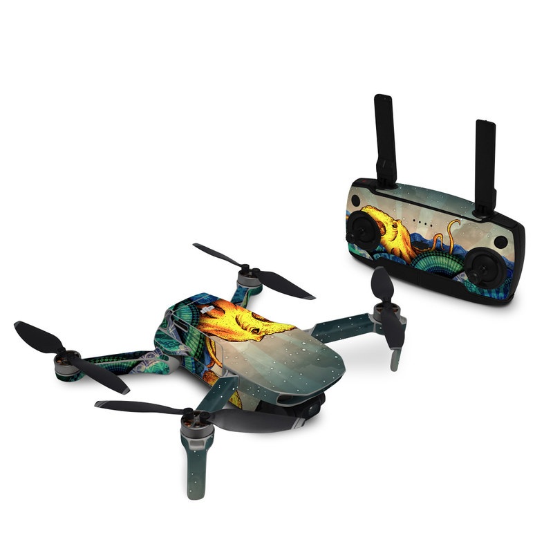 DJI Mavic Mini Skin design of Illustration, Fractal art, Art, Cg artwork, Sky, Organism, Psychedelic art, Graphic design, Graphics, Octopus, with black, gray, blue, green, red colors