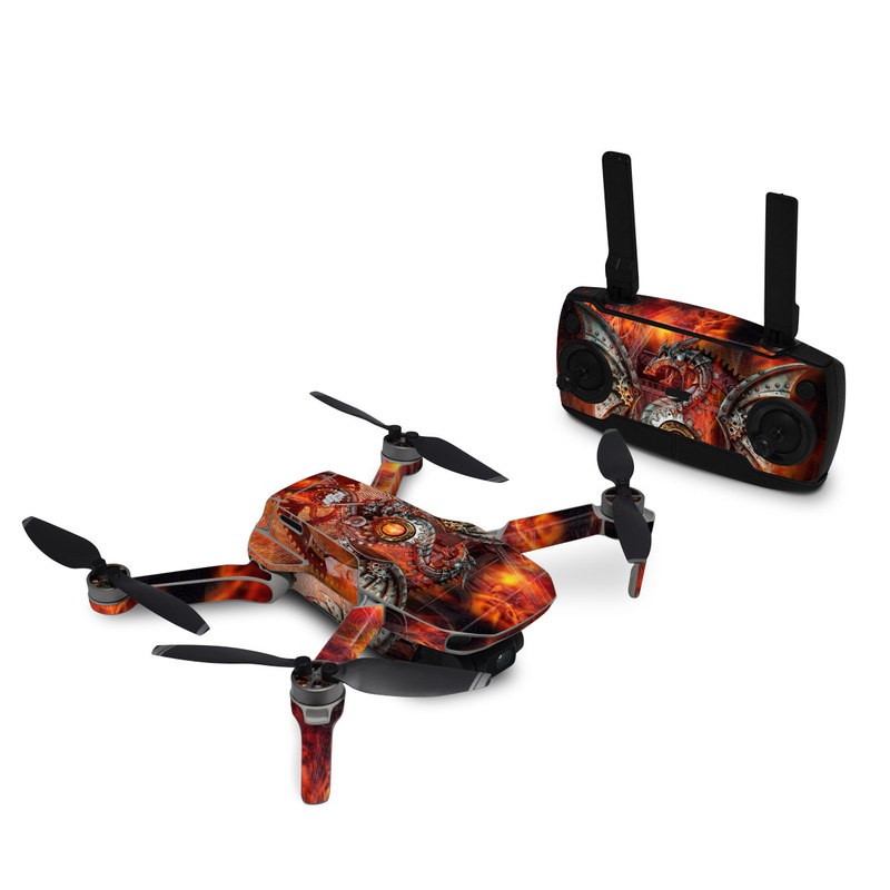 DJI Mavic Mini Skin design of Dragon, Demon, Cg artwork, Illustration, Fictional character, Fractal art, Flame, Art, Mythology, Supernatural creature, with red, black, orange, pink, green colors