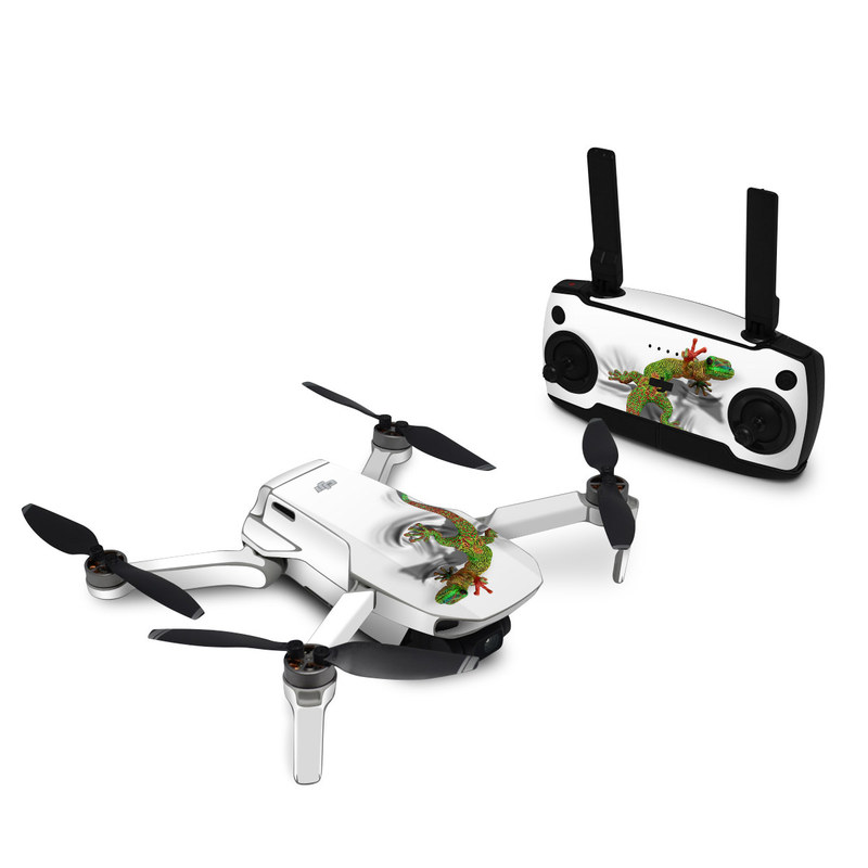 DJI Mavic Mini Skin design of Lizard, Reptile, Gecko, Scaled reptile, Green, Iguania, Animal figure, Wall lizard, Fictional character, Iguanidae, with white, gray, black, red, green colors