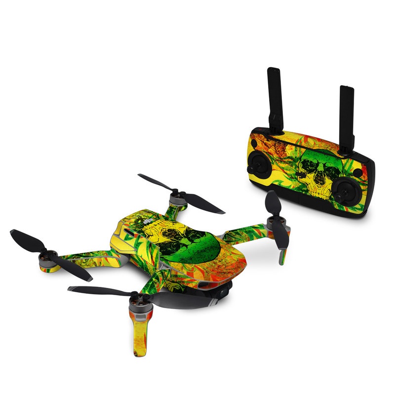 DJI Mavic Mini Skin design of Psychedelic art, Skull, Illustration, Bone, Art, Graphic design, Visual arts, Poster, Plant, Painting, with green, orange, black, red colors