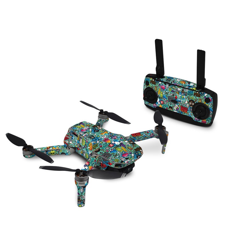 DJI Mavic Mini Skin design of Cartoon, Art, Pattern, Design, Illustration, Visual arts, Doodle, Psychedelic art, with black, blue, gray, red, green colors