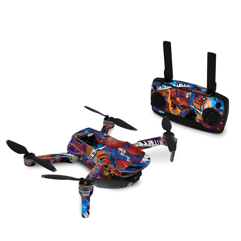 DJI Mavic Mini Skin design of Art, Graffiti, Mural, Modern art, Street art, Psychedelic art, Fictional character, Graphic design, Visual arts, Animated cartoon, with black, red, blue, gray, green colors