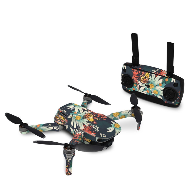 DJI Mavic Mini Skin design of Floral design, Pattern, Flower, Floristry, Textile, Botany, Plant, Visual arts, Design, Flower Arranging, with black, gray, green, red, blue, pink colors