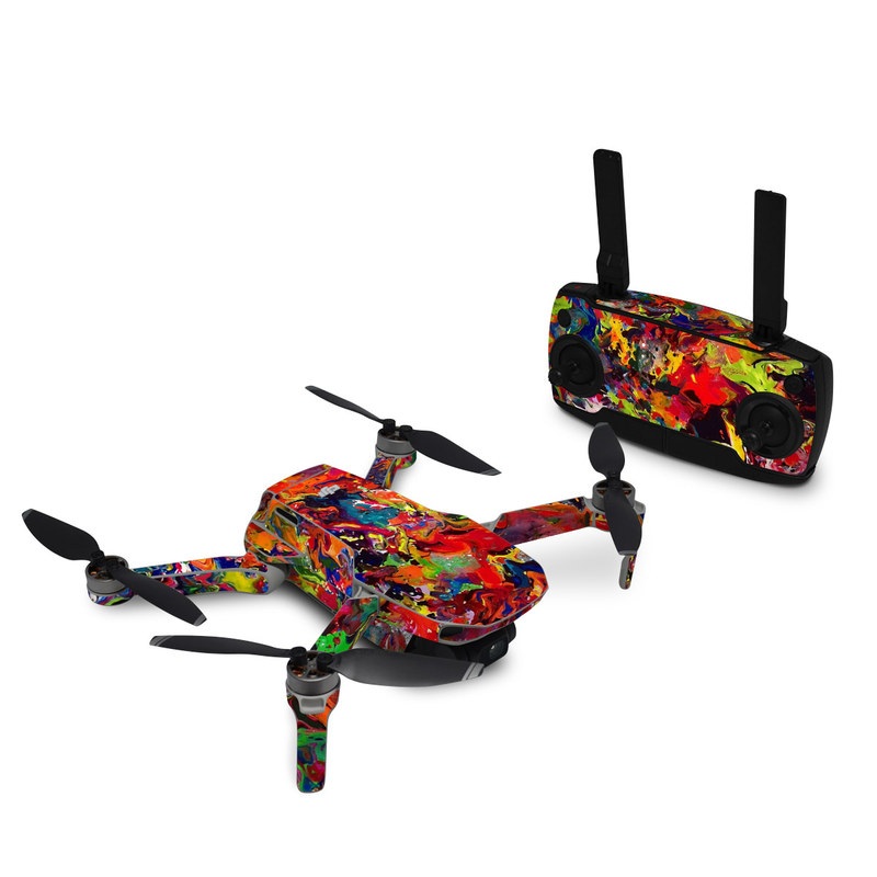 DJI Mavic Mini Skin design of Colorfulness, Modern art, Acrylic paint, Painting, Visual arts, Art, Psychedelic art, Textile, Pattern, Paint, with red, yellow, green, orange, yellow colors