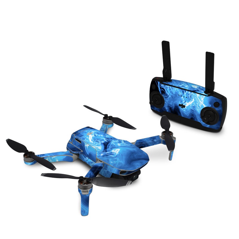 DJI Mavic Mini Skin design of Blue, Water, Electric blue, Organism, Pattern, Smoke, Liquid, Art, with blue, black, purple colors