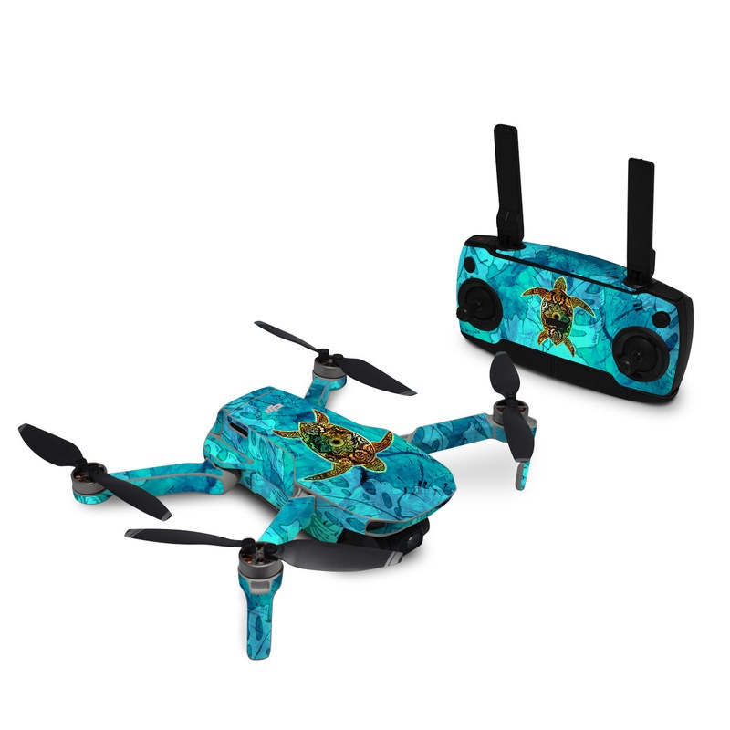 DJI Mavic Mini Skin design of Sea turtle, Green sea turtle, Turtle, Hawksbill sea turtle, Tortoise, Reptile, Loggerhead sea turtle, Illustration, Art, Pattern, with blue, black, green, gray, red colors