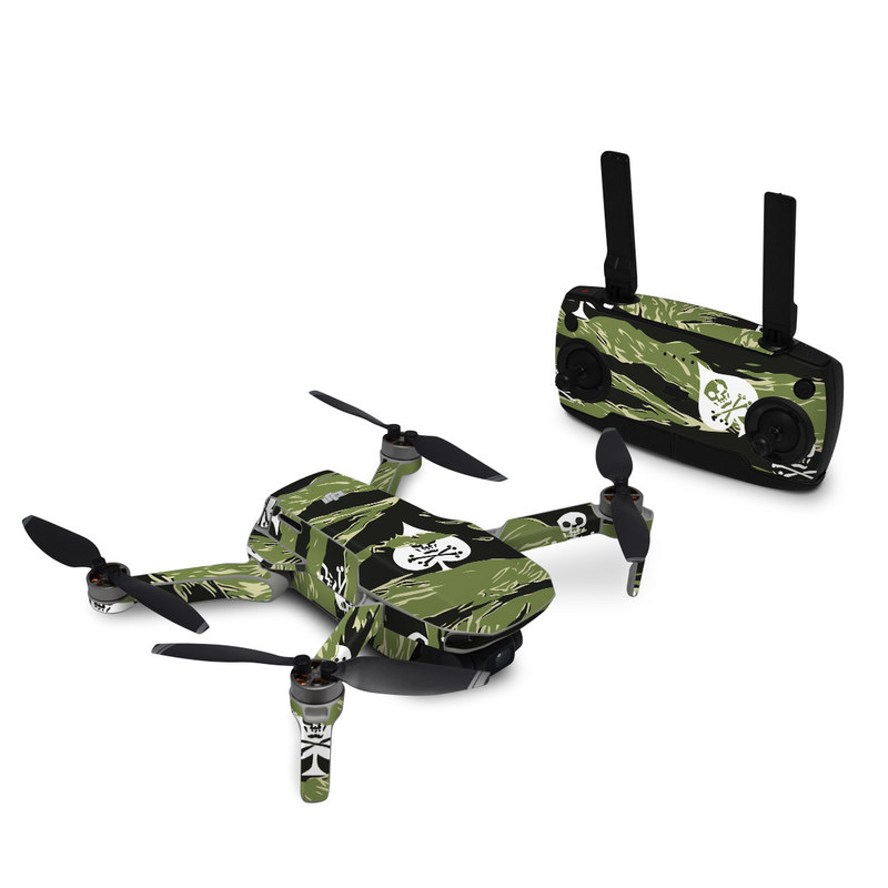 DJI Mavic Mini Skin design of Military camouflage, Pattern, Leaf, Illustration, Design, Tree, Camouflage, Plant, Art, Branch, with black, white, green colors