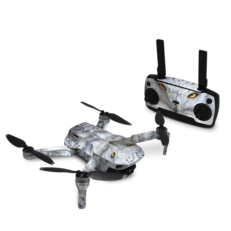 DJI Mavic Mini Skin design of Owl, Bird, Bird of prey, Snowy owl, great grey owl, Close-up, Eye, Snout, Wildlife, Eastern Screech owl, with gray, white, black, blue, purple colors