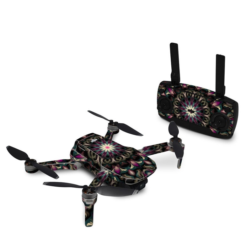 DJI Mavic Mini Skin design of Fractal art, Pattern, Pink, Psychedelic art, Art, Kaleidoscope, Design, Symmetry, Visual arts, Textile, with black, purple, white, green, blue colors