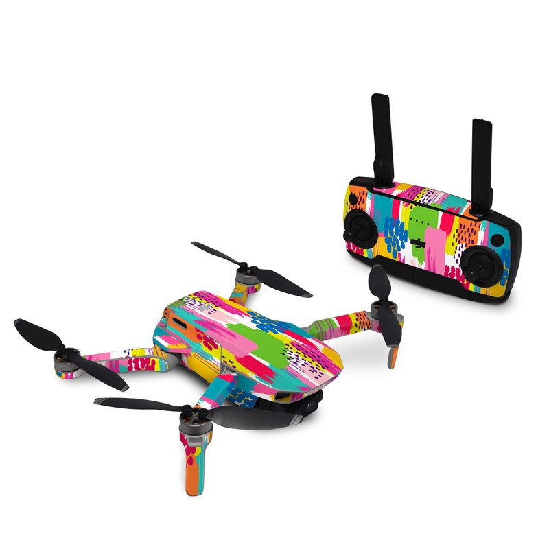 DJI Mavic Mini Skin design of Colorfulness, Textile, Rectangle, Font, Line, Painting, Art, Magenta, Material property, Pattern, with white, pink, yellow, orange, blue, red colors