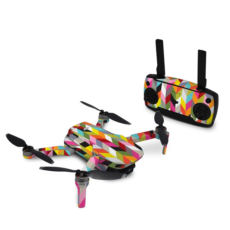 DJI Mavic Mini Skin design of Pattern, Orange, Line, Design, Graphic design, Tints and shades, Triangle, with red, green, gray, black, blue, purple colors