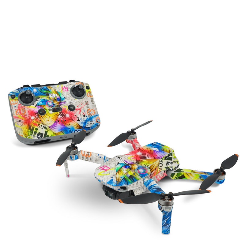 DJI Mini 2 Skin design of Graphic design, Font, Art, Graphics, Illustration, with blue, red, orange, pink, white, black, yellow, green colors