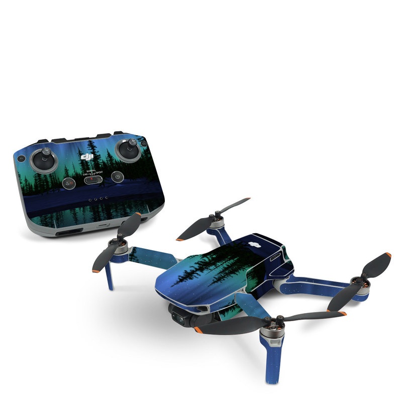 DJI Mini 2 Skin design of Aurora, Nature, Sky, shortleaf black spruce, Natural landscape, Tree, Wilderness, Natural environment, Biome, Spruce-fir forest, with blue, purple, green, black colors