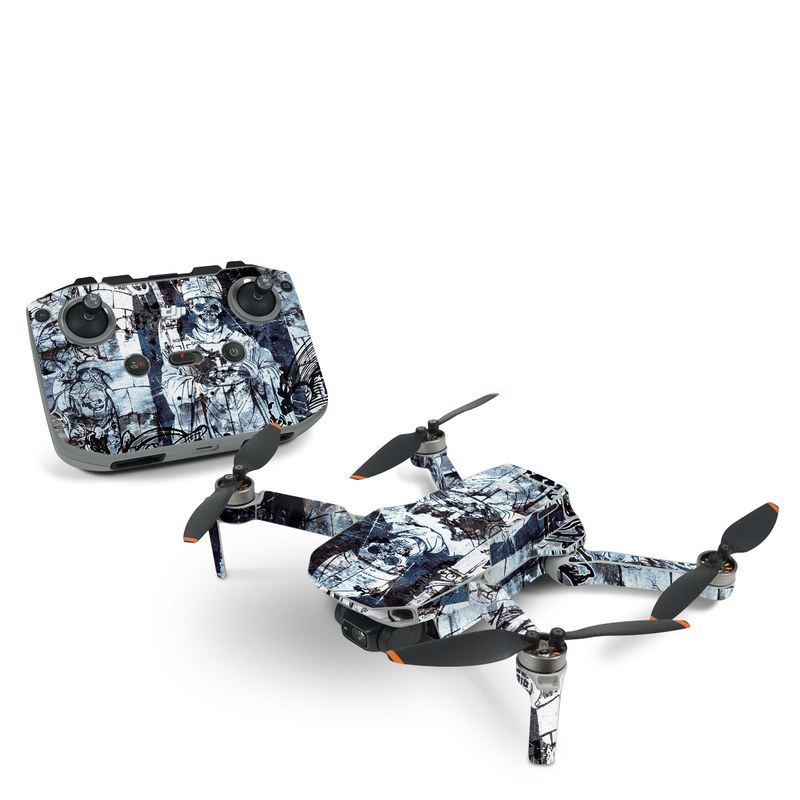 DJI Mini 2 Skin design of Illustration, Art, Monochrome, Visual arts, Drawing, Black-and-white, Graphic design, Fictional character, Fiction, Sketch, with white, black, blue, gray colors