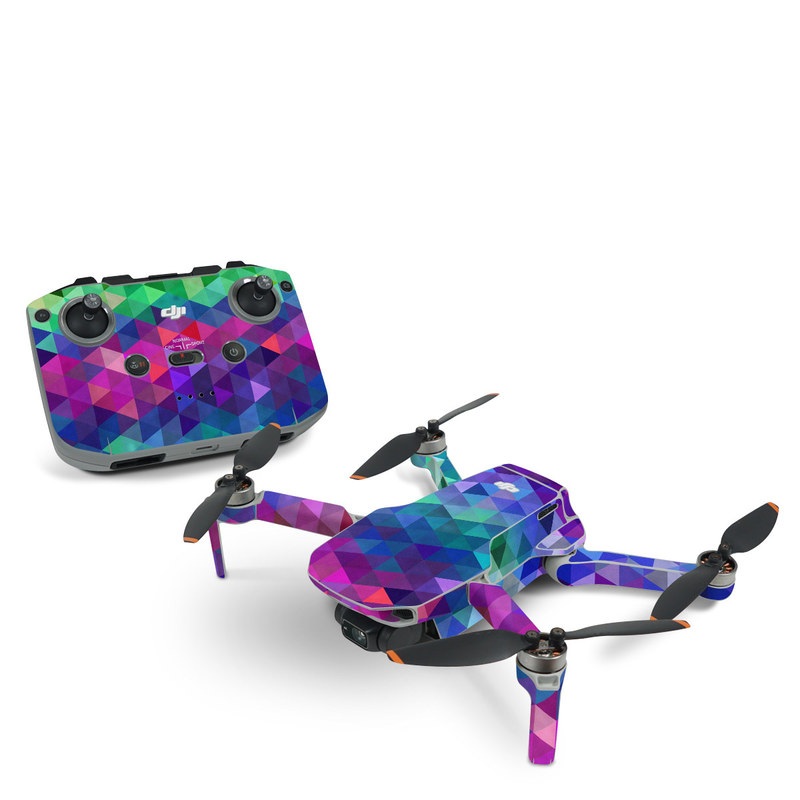 DJI Mini 2 Skin design of Purple, Violet, Pattern, Blue, Magenta, Triangle, Line, Design, Graphic design, Symmetry, with blue, purple, green, red, pink colors