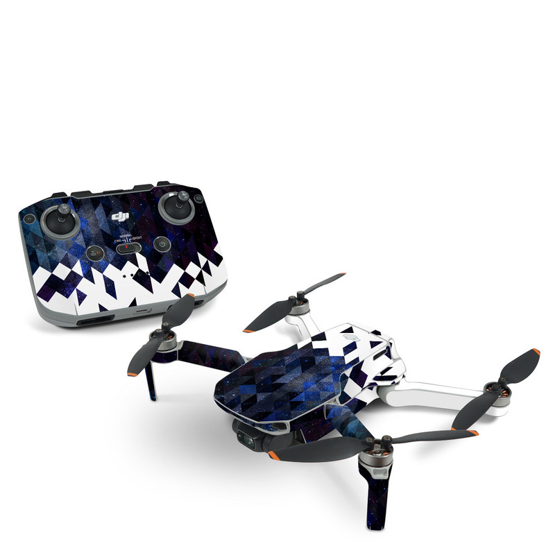 DJI Mini 2 Skin design of Text, Pattern, Graphic design, Font, Purple, Design, Line, Triangle, Logo, Graphics, with black, blue, white colors