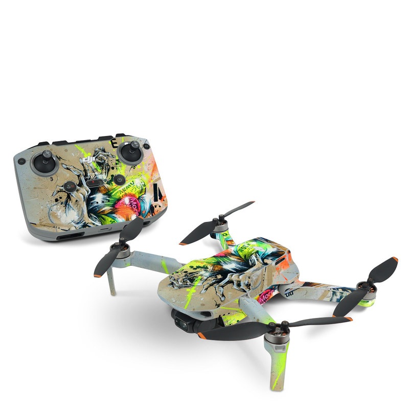 DJI Mini 2 Skin design of Graphic design, Art, Illustration, Fictional character, Visual arts, Graphics, Painting, Watercolor paint, Modern art, Games, with gray, black, green, red, orange, pink colors