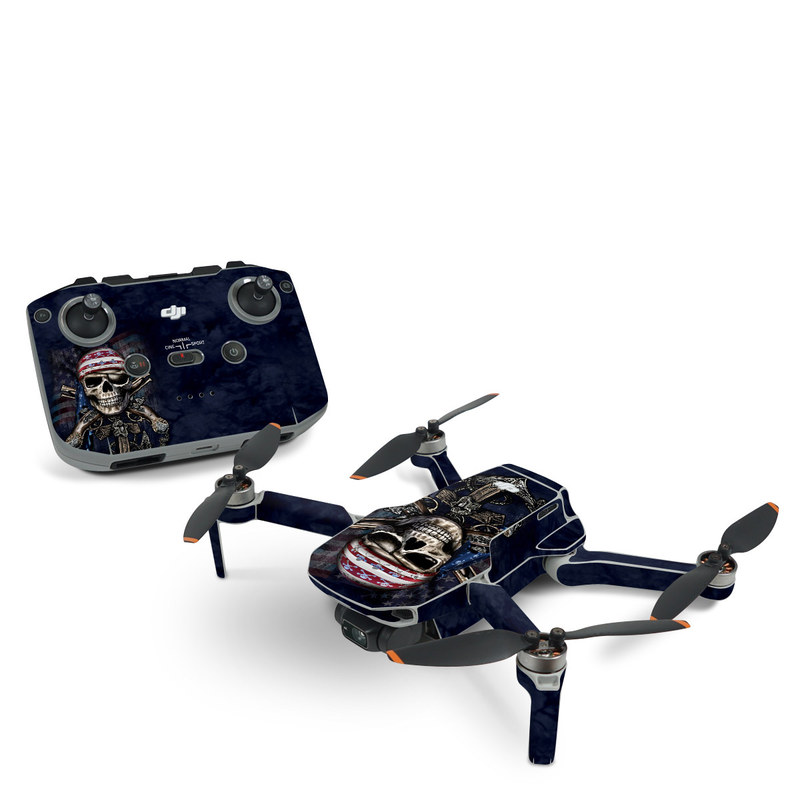 DJI Mini 2 Skin design of Skull, Bone, Skeleton, Illustration, Outerwear, T-shirt, Flag, Art, with black, gray, red colors