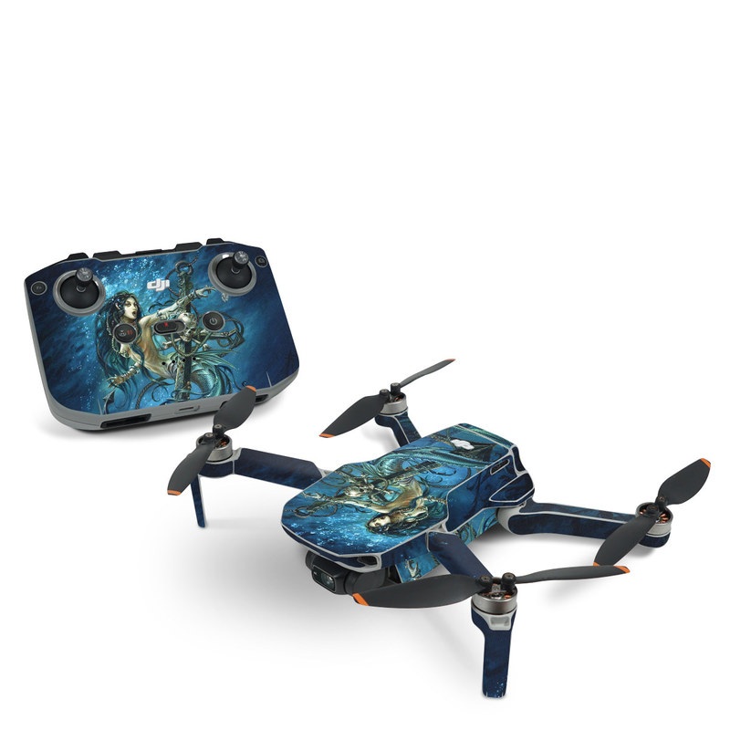 DJI Mini 2 Skin design of Mermaid, Cg artwork, Illustration, Fictional character, Art, Mythology, Mythical creature, Graphic design, with blue, green, white, black colors