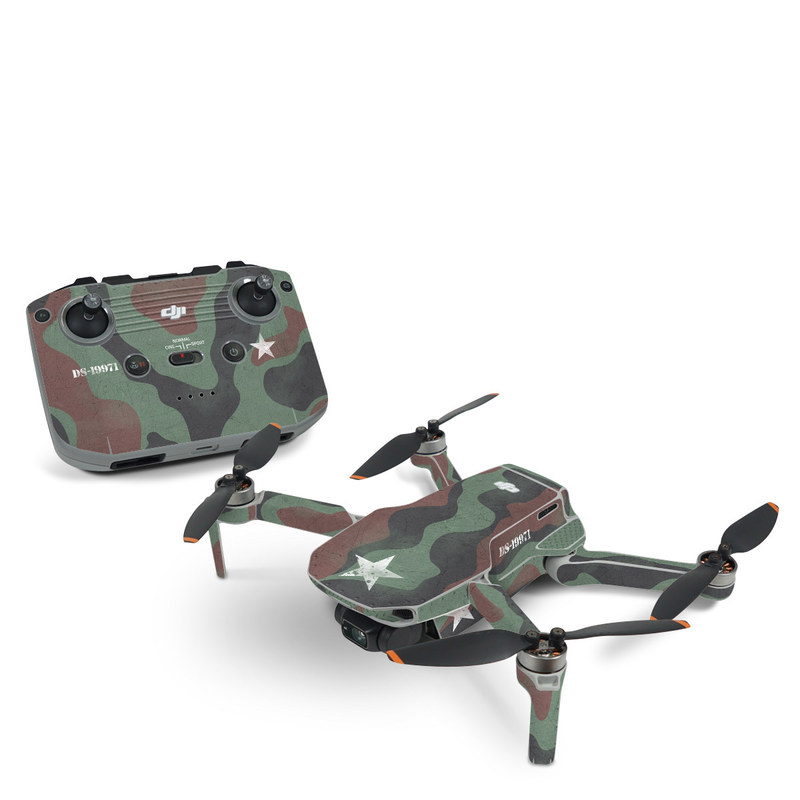 DJI Mini 2 Skin design of Camouflage, Military camouflage, Military uniform, Military Person, Military, Flag, Marines, Army, with green, brown, white colors