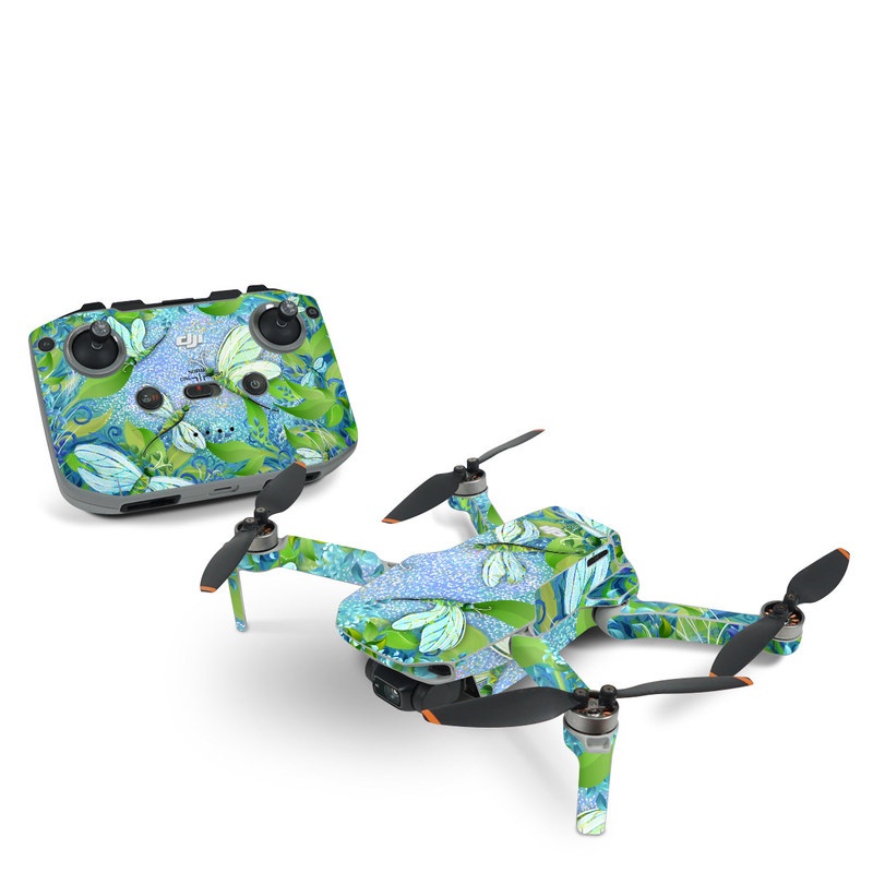 DJI Mini 2 Skin design of Green, Blue, Leaf, Plant, Pattern, Tree, Design, Organism, Branch, Flower, with gray, blue, green, purple colors