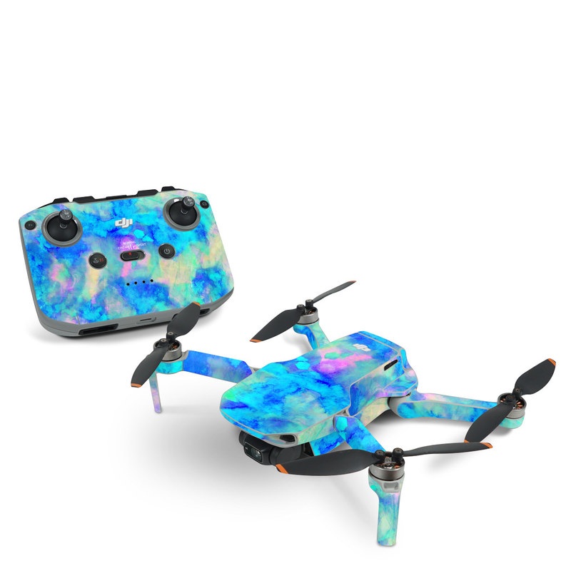 DJI Mini 2 Skin design of Blue, Turquoise, Aqua, Pattern, Dye, Design, Sky, Electric blue, Art, Watercolor paint, with blue, purple colors