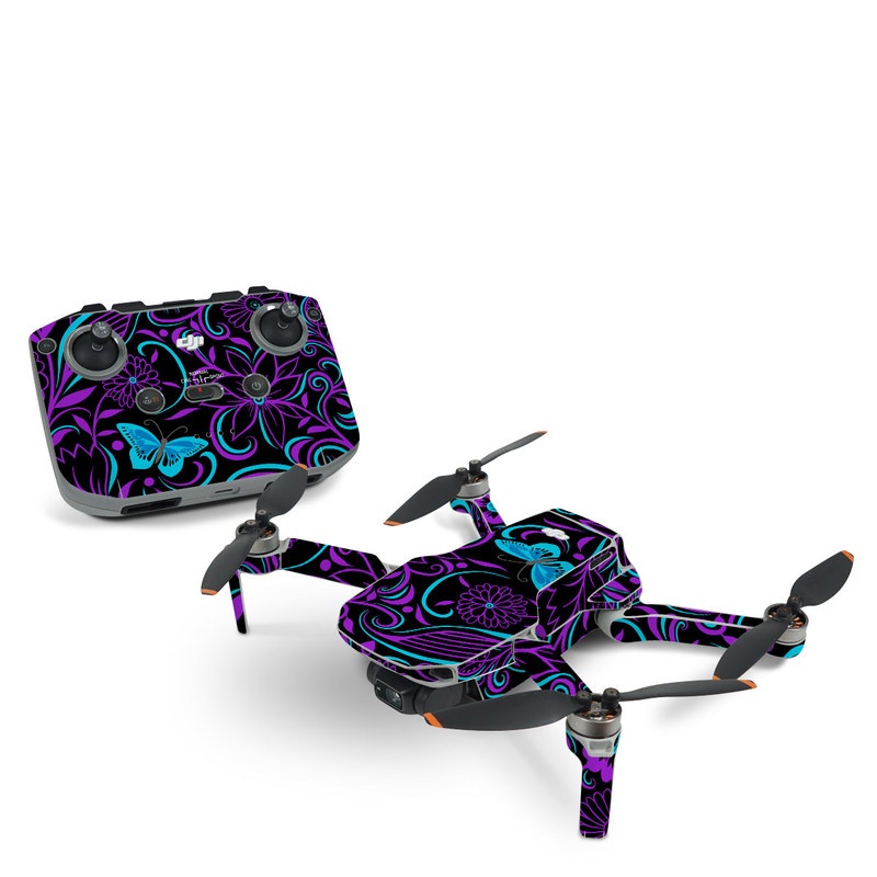 DJI Mini 2 Skin design of Pattern, Purple, Violet, Turquoise, Teal, Design, Floral design, Visual arts, Magenta, Motif, with black, purple, blue colors