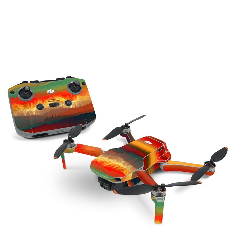 DJI Mini 2 Skin design of Sky, Red, Horizon, Afterglow, Orange, Painting, Acrylic paint, Watercolor paint, Sunset, Geological phenomenon, with red, blue, green, yellow, orange, white colors