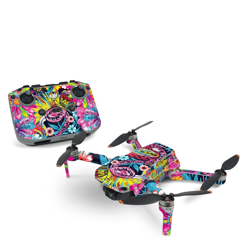 DJI Mini 2 Skin design of Psychedelic art, Pattern, Visual arts, Art, Design, Textile, Illustration, Plant, Graphic design, Drawing, with pink, yellow, black, blue, white colors