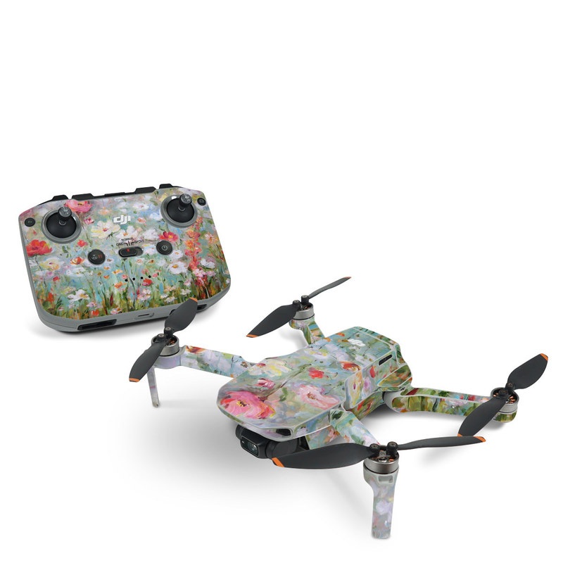 DJI Mini 2 Skin design of Flower, Painting, Watercolor paint, Plant, Modern art, Wildflower, Botany, Meadow, Acrylic paint, Flowering plant, with gray, black, green, red, blue colors