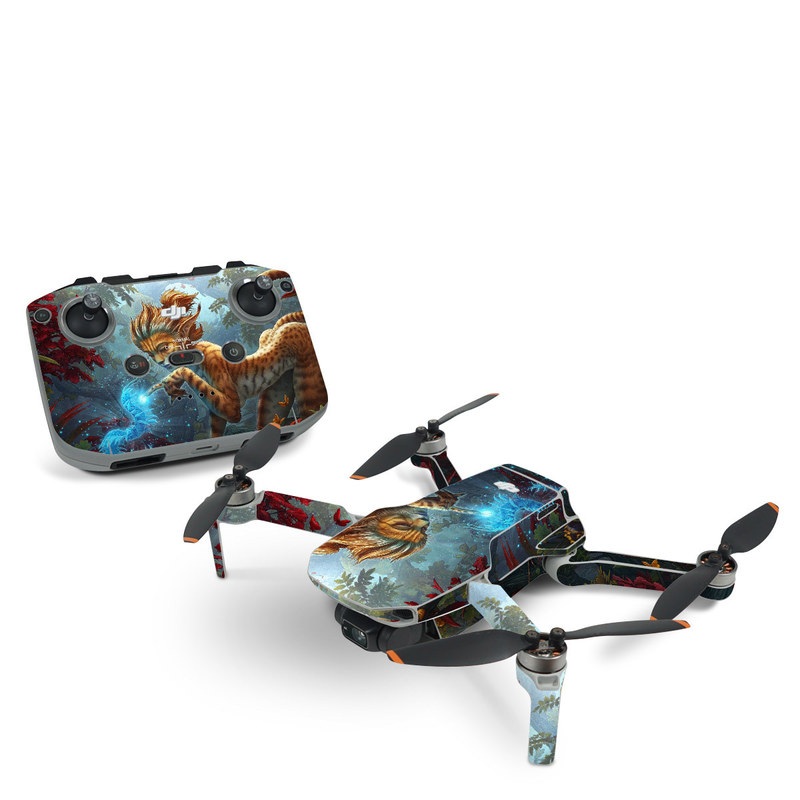 DJI Mini 2 Skin design of Fictional character, Mythology, Illustration, Cg artwork, Sky, Organism, Dragon, Felidae, Mythical creature, Art, with yellow, red, black, green, blue colors